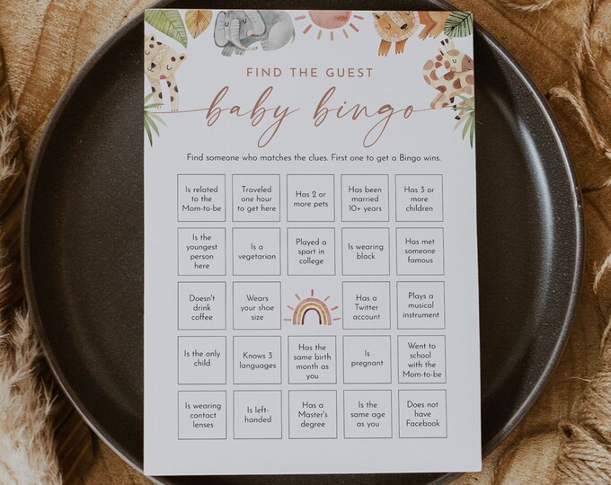 Safari Baby Bingo Game, Find the Guest, Icebreaker, Printable Jungle Baby Shower Game, Instant Download, Editable, Templett #0054-31BAG