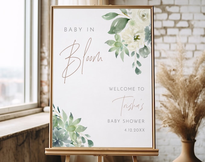 Baby Shower Welcome Sign, Editable Template, Baby in Bloom, Greenery, Gender Neutral, Instant Download, Templett 18x24, 24x36 #075D-359LS