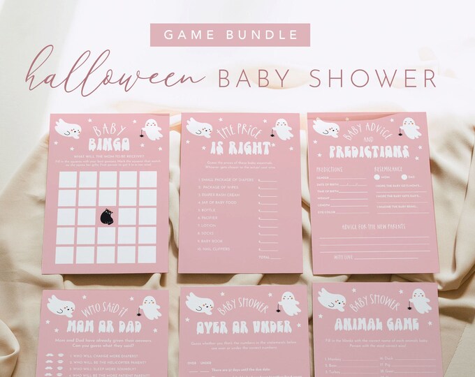 Halloween Baby Shower Game Bundle, 21 Games, Baby Girl Pink, Editable Template, Personalize Text, Instant Download, Templett #0001-BBGB