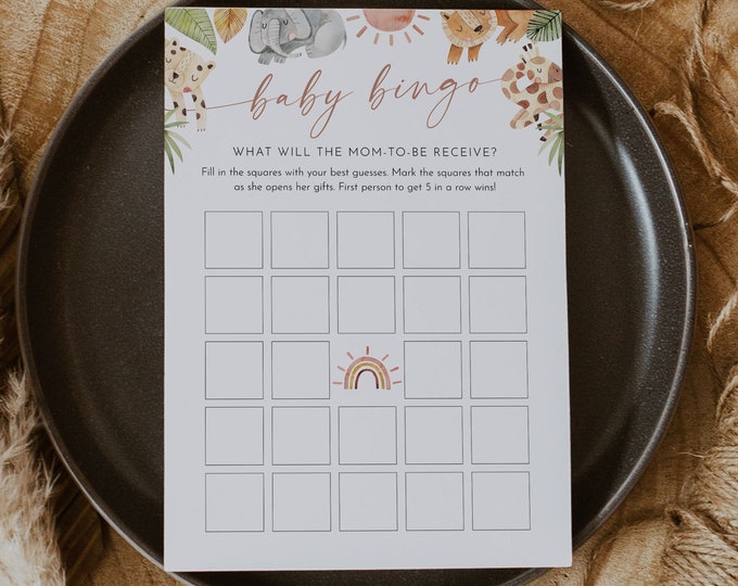 Safari Baby Bingo Game, Printable Planets Baby Shower Game Template, Jungle Animals Bingo, Instant Download, Editable, Templett #0054-11BAG