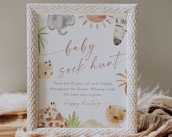 Safari Baby Sock Hunt Game, Jungle Baby Shower Game, Sock Hunt Sign, Editable Template, Printable, Instant Download, Templett #0054-05BAG