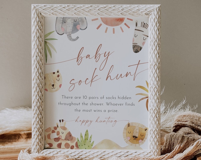 Safari Baby Sock Hunt Game, Jungle Baby Shower Game, Sock Hunt Sign, Editable Template, Printable, Instant Download, Templett #0054-05BAG