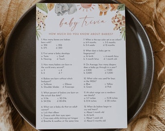 Safari Baby Shower Trivia Game, Baby Trivia Game, Jungle Baby Shower, Gender Neutral, Editable Template, Instant, Templett, 5x7 #0054-01BAG