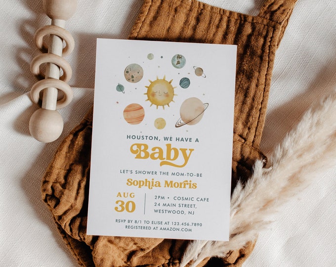 Space Baby Shower Invitation, Houston We have a Baby, Galaxy, Planets, Gender Neutral, Editable Template, Instant, Templett #0052A-251BA