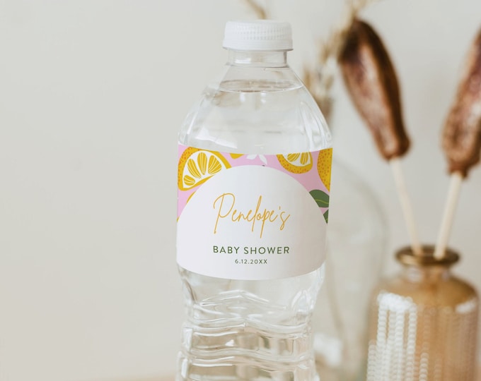 Lemon Water Bottle Label Template, Summer Baby / Bridal Sticker, Printable, 100% Editable Text, Instant Download, Templett #0046-136BL