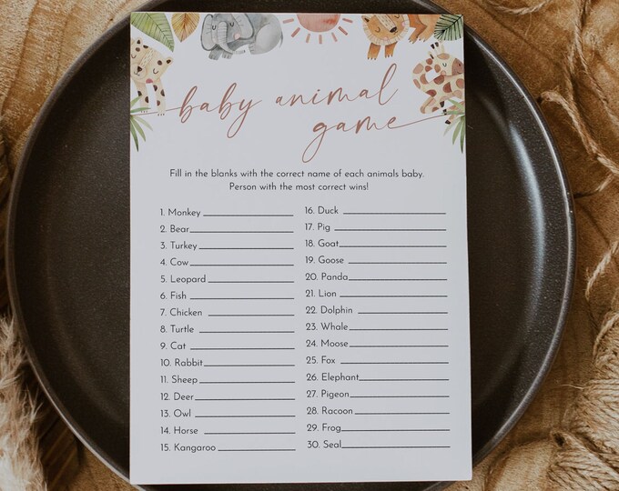 Safari Baby Animal Game, Printable Jungle Baby Shower Game, Gender Neutral, Editable Template, Instant Download, Templett #0054-18BAG