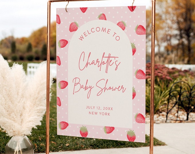 Strawberry Baby Shower Welcome Sign, Berry Sweet Baby Poster, Summer Baby Shower, Editable Template, Templett, 18x24, 24x36 #0041-341LS