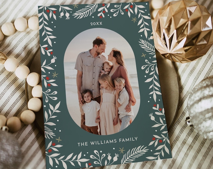Holly Holiday Card Template, Photo Christmas Card, Winter Greenery, Editable Text, Change Colors, Instant Download, Templett, 5x7 #2