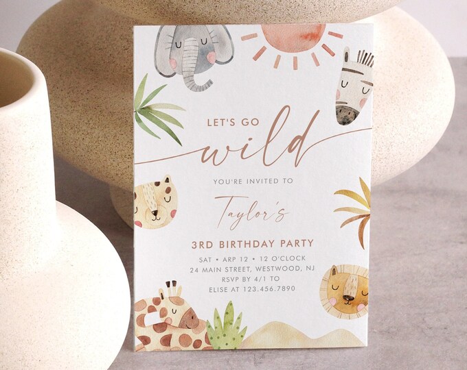 Safari Birthday Invitation,Boho, Watercolor Jungle Party Animals, Let's Get Wild, Editable Template, Instant Download, Templett #0054-143BD