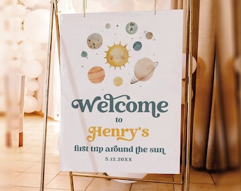 Space Welcome Sign Template, Planets 1st Birthday Welcome Poster, Trip Around Sun, Editable Text, Instant Download, Templett #0052A-358LS