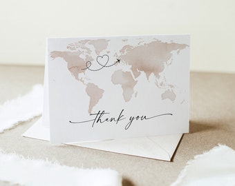 Travel Thank You Folded Card Printable, World Map Wedding / Bridal Shower Note, Editable Template, INSTANT DOWNLOAD, Templett #0039-225TYC