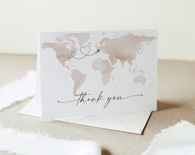 Travel Thank You Folded Card Printable, World Map Wedding / Bridal Shower Note, Editable Template, INSTANT DOWNLOAD, Templett #0039-225TYC