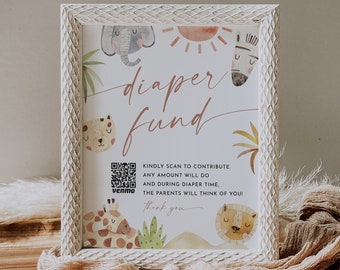 Safari Diaper Fund Sign, Venmo Baby Shower Sign, Jungle Baby Shower Cash Gift, Editable Template, Instant Download, Templett, 8x10 #0054-59S