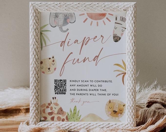 Safari Diaper Fund Sign, Venmo Baby Shower Sign, Jungle Baby Shower Cash Gift, Editable Template, Instant Download, Templett, 8x10 #0054-59S
