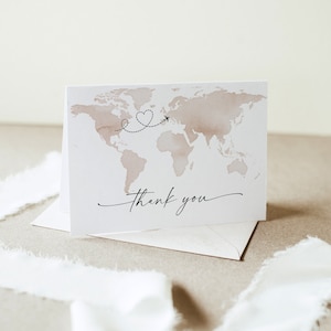 Reise-Dankeschön-Faltkarte zum Ausdrucken, Weltkarte Hochzeit / Bridal Shower Note, bearbeitbare Vorlage, INSTANT DOWNLOAD, Templett #0039-225TYC