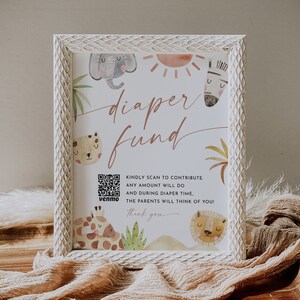 Safari Diaper Fund Sign, Venmo Baby Shower Sign, Jungle Baby Shower Cash Gift, Editable Template, Instant Download, Templett, 8x10 #0054-59S