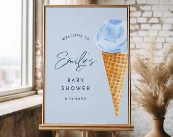 Baby Shower Welcome Sign, Baby Boy Shower, Ice Cream Scoop, Blue, Editable Template, Instant Download, Templett, 18x24, 24x36 #0035-362LS