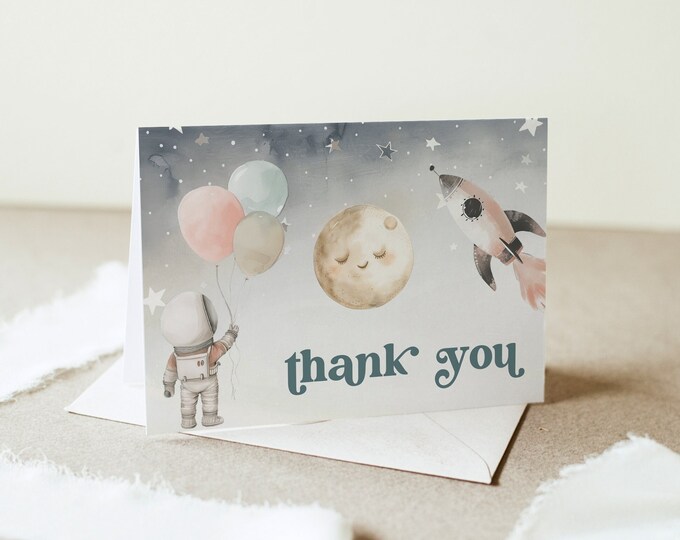 Outer Space Thank You Card, Galaxy Birthday Thank You Note, Astronaut, Rocket Ship, Editable Template, Flat & Tent, 3.5x5 #0052B-231TYC