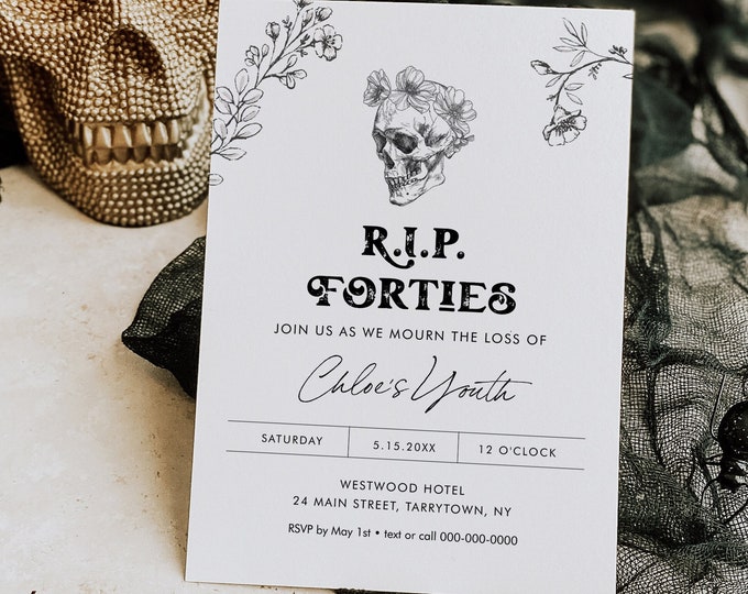 50th Birthday Party Invitation, RIP Forties, RIP 40s, Death to 40's, Skull, Gothic, Editable Template, Instant Download, Digital #0045-138BD