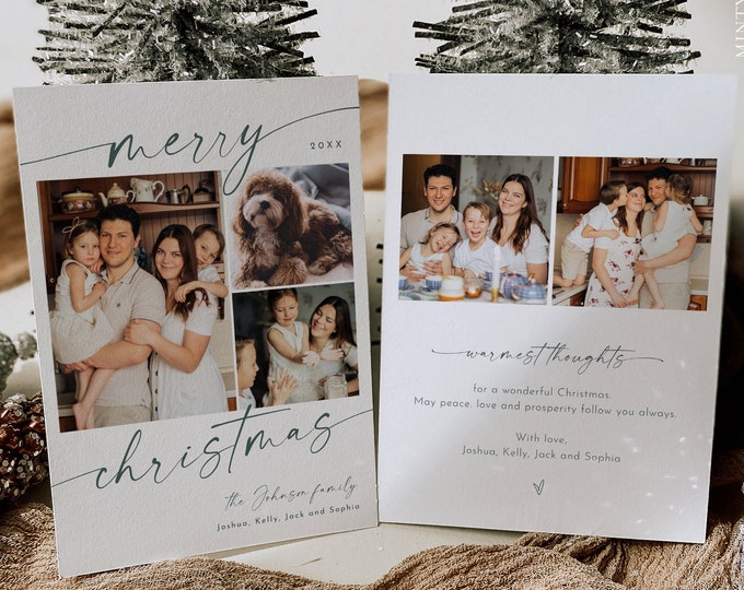 Boho Photo Holiday Card Template, Bohemian Christmas Card, Sage Green, Editable, Add Photo, Instant Download, Templett, 5x7 #0034T-168HP