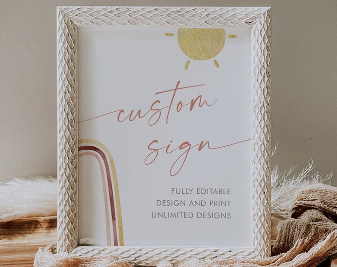 Sun Custom Sign Template, Boho Rainbow Birthday, Bridal/Baby Shower Table Sign Unlimited Custom Signs, Editable Text, Templett #0055-216CS