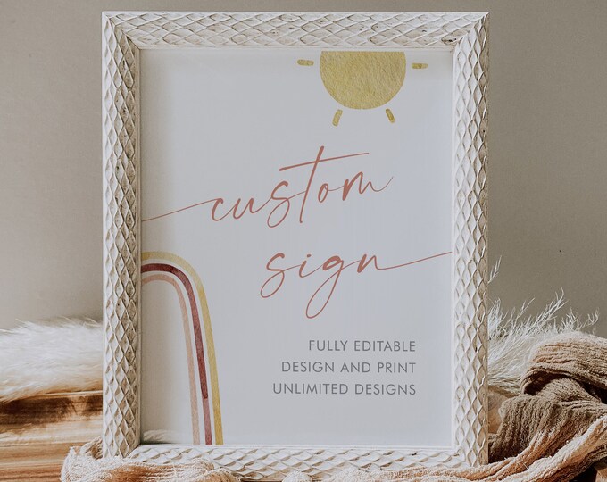 Sun Custom Sign Template, Boho Rainbow Birthday, Bridal/Baby Shower Table Sign Unlimited Custom Signs, Editable Text, Templett #0055-216CS