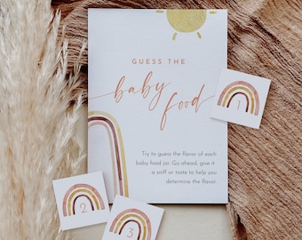 Baby Food Game, Guess the Baby Jar Food, Boho Rainbow Baby Shower Game, Neutral, Editable Template, Instant Download, Templett #0055-12BAG