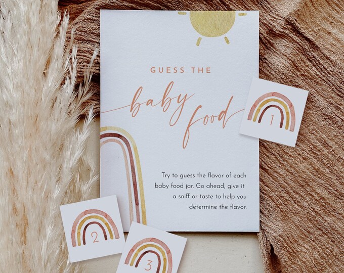 Baby Food Game, Guess the Baby Jar Food, Boho Rainbow Baby Shower Game, Neutral, Editable Template, Instant Download, Templett #0055-12BAG