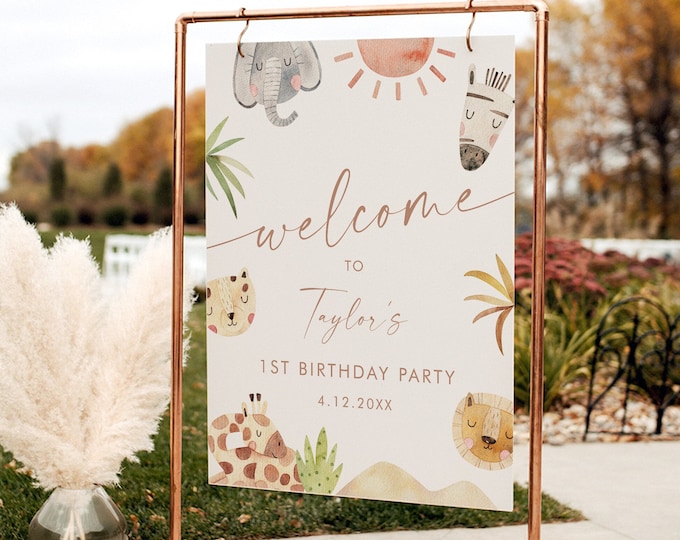 Safari Welcome Sign Template, Printable Birthday, Baby Shower Welcome Poster, Editable Text, Instant Download, Templett, DIY #0054-356LS
