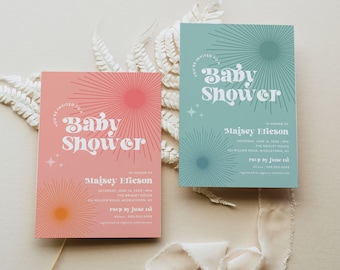 Retro Baby Shower Invitation, Gender Neutral, Vintage, Vibrant Midcentury Vibes, Editable Template, Instant Download, Templett #0050-244BA