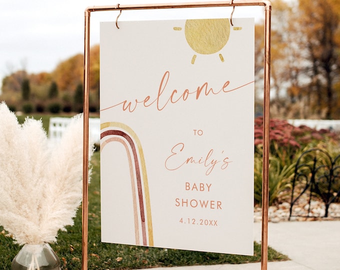Boho Rainbow Welcome Sign Template, Printable Birthday, Baby Shower Welcome Poster, Editable, Instant Download, Templett, DIY #0055-357LS