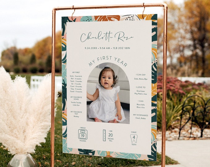 Tropical First Year Baby Sign, Infographic, Baby Stats, Milestones, 1st Birthday Luau, Editable Template, Templett, 8x10, 18x24 #0043-111FYS