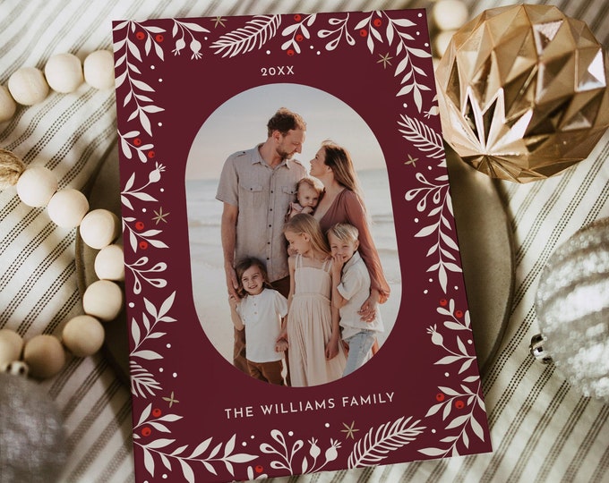 Holly Holiday Card Template, Photo Christmas Card, Winter Greenery, Editable Text, Change Colors, Instant Download, Templett, 5x7 #2