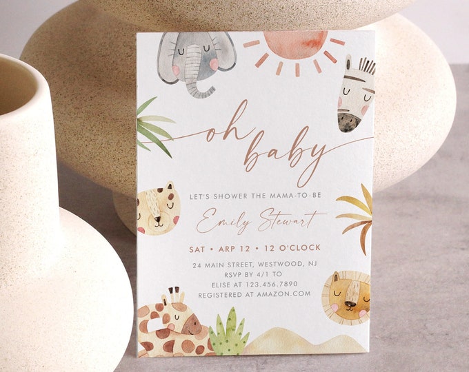 Safari Baby Shower Invitation, Boho, Watercolor Jungle Animal, Gender Neutral, Editable Template, Instant Download, Templett #0054-250BA