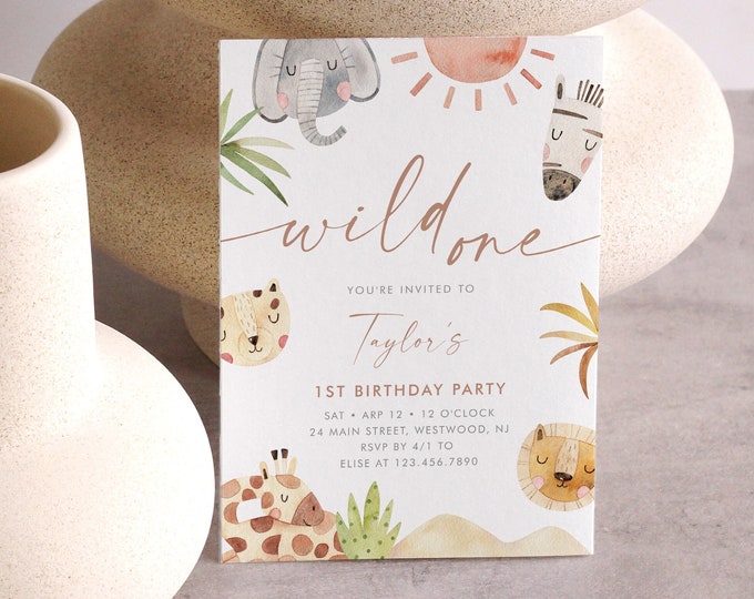 Safari Birthday Invitation, 1st Birthday, Boho, Watercolor Jungle Animal, Wild One,Editable Template, Instant Download, Templett #0054-143BD