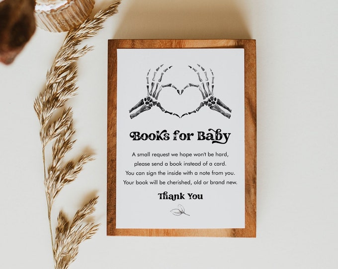 Halloween Books for Baby Card, Book Request, Baby Shower Insert, Skeleton Heart, Editable Template, Templett, 3.5x5 #0045-164BFB