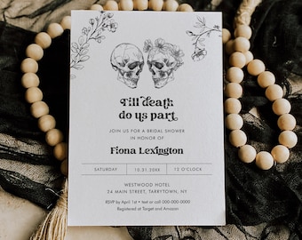 Halloween Bridal Shower Invitation Template, Skeleton, Skull, Till Death Do Us Part, Instant Download, Editable Text, Templett #0045-348BS