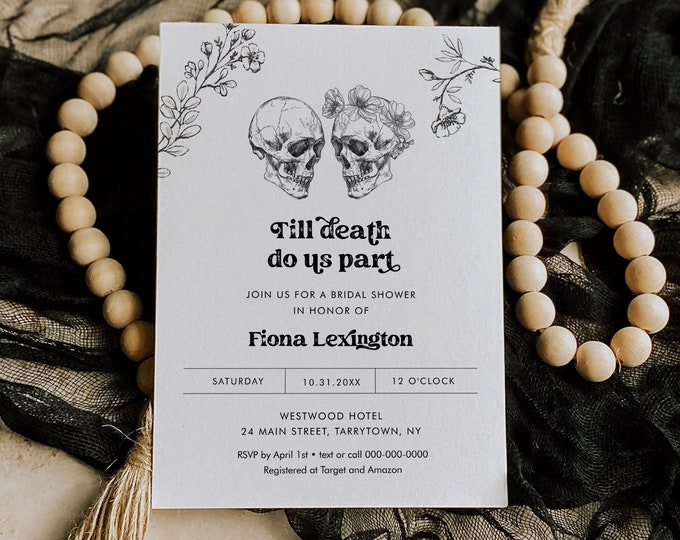 Halloween Bridal Shower Invitation Template, Skeleton, Skull, Till Death Do Us Part, Instant Download, Editable Text, Templett #0045-348BS