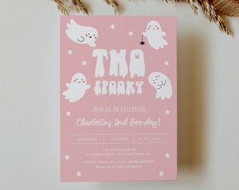 Two Spooky Birthday Invitation, Halloween 2nd Birthday Party, Girl Birthday, Cute Ghosts, Editable Template, Instant, Templett #0001-137BD