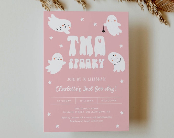 Two Spooky Birthday Invitation, Halloween 2nd Birthday Party, Girl Birthday, Cute Ghosts, Editable Template, Instant, Templett #0001-137BD