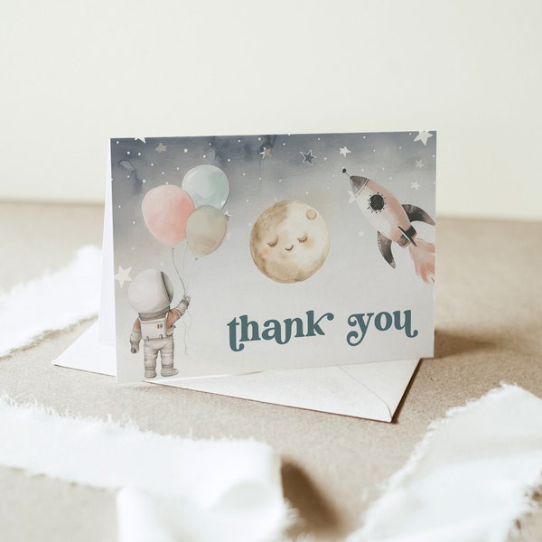 Outer Space Thank You Card, Galaxy Birthday Thank You Note, Astronaut, Rocket Ship, Editable Template, Flat & Tent, 3.5x5 #0052B-231TYC