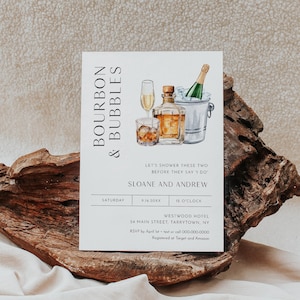 Bourbon and Bubbles Couples Shower Invitation Template, Whiskey and Bubbly Bridal Shower Invite, Printable, Editable, Templett #0026H-351BS