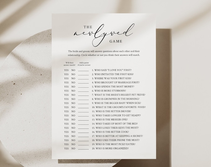 Newlywed Game Template, Printable Bridal Shower Game, Editable Text, Minimalist Bridal Shower, Instant Download, Templett, 5x7 #045-407BG