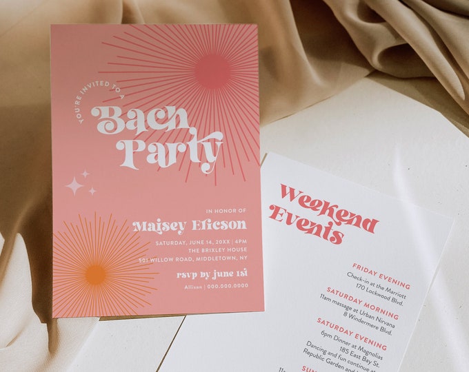 Retro Bachelorette Invitation & Itinerary Timeline, Midcentury Vintage Bach Party, Editable Template, Instant Download, Templett #0050-168BP