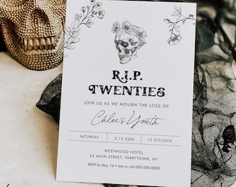 30th Birthday Invitation, RIP Twenties, Skull Birthday Party Invite, Gothic, Editable Template, Instant Download, Digital #0045-138BD