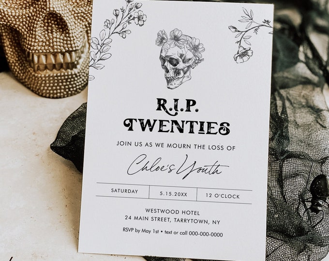 30th Birthday Invitation, RIP Twenties, Skull Birthday Party Invite, Gothic, Editable Template, Instant Download, Digital #0045-138BD