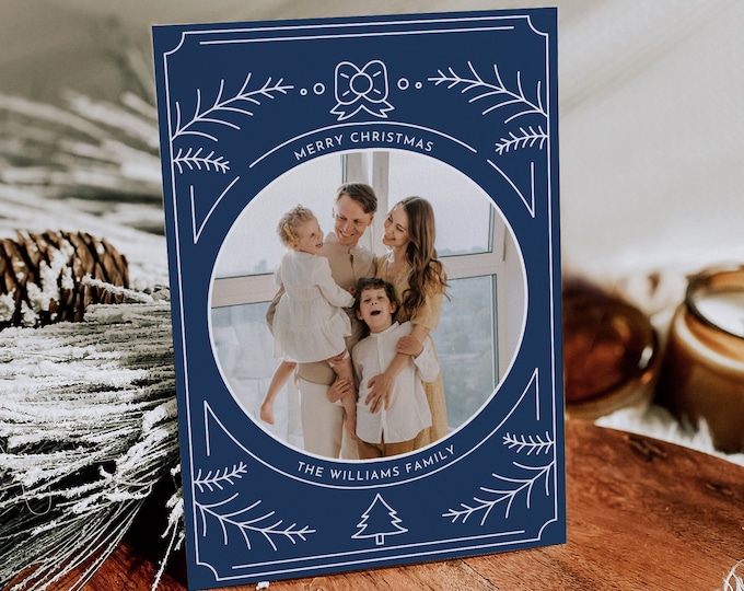 Photo Holiday Card Template, Art Deco Christmas Card, Line Art, 100% Editable Text, Change Colors, Instant Download, Templett, 5x7 #177HP