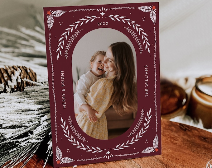 Folk Holiday Card Template, Photo Christmas Card, Hygge Line Art, 100% Editable Text, Change Colors, Instant Download, Templett, 5x7 #180HP