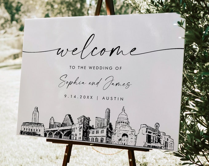 Austin Texas Welcome Sign, City Skyline Wedding Sign, Printable Instant Download, Editable Template, Templett, 18x24, 24x36 #0047-353LS