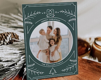 Photo Holiday Card Template, Art Deco Christmas Card, Line Art, 100% Editable Text, Change Colors, Instant Download, Templett, 5x7 #177HP